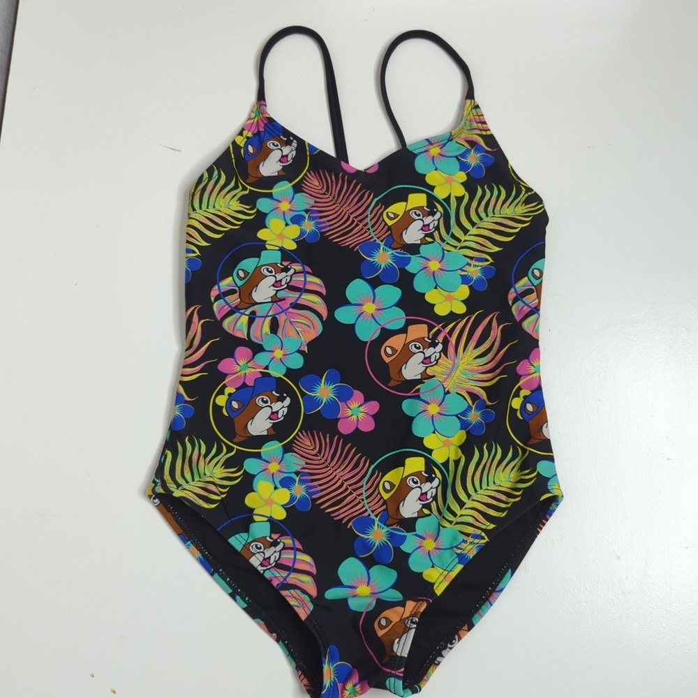 Kids Girls Buc-ee's Swimsuit Size S Black Floral Tropical Hawaiian One‎ Piece